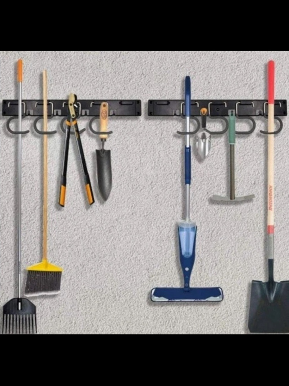 Wall-Mounted Tool & Broom Organizer Rack - Black